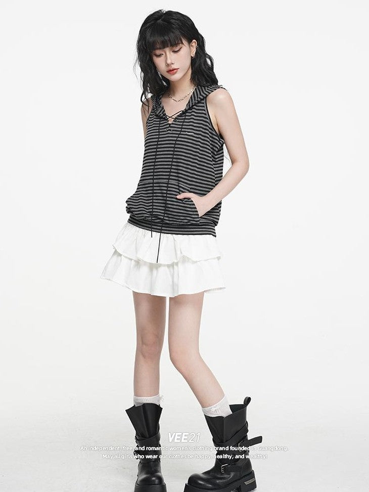 VEEMIX Striped Hooded Drawstring Loose Women's Rayon Tank Tops