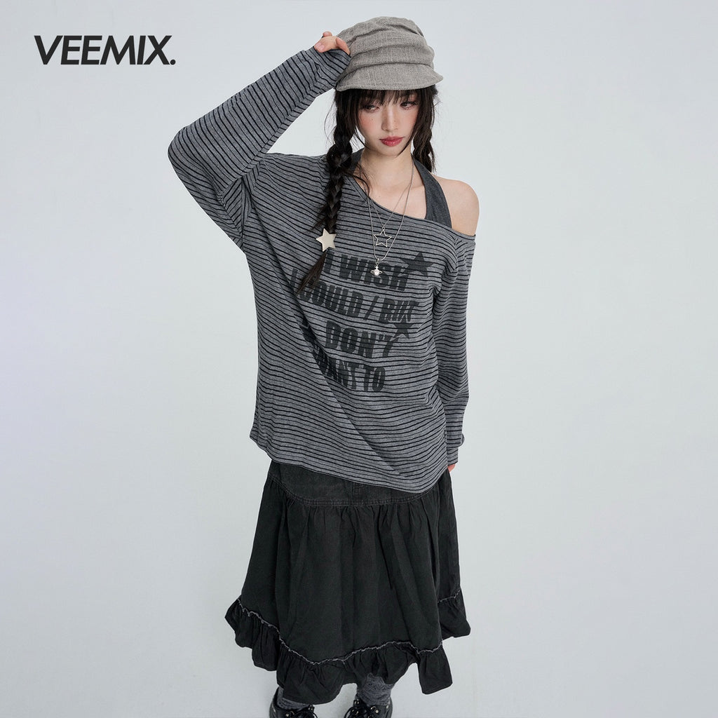 VEEMIX_Striped_One_Shoulder_Asymmetric_Print_Women's_Cotton_Long_Sleeve_T-shirts_1086603424723_MISSTT