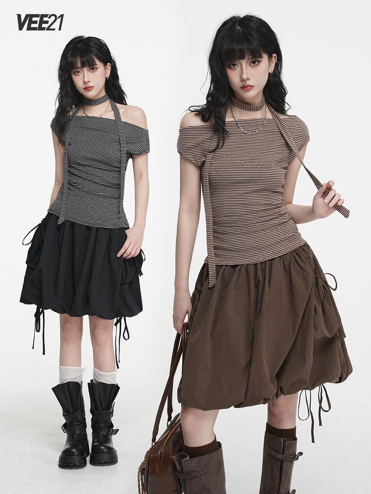 VEEMIX Striped One Shoulder Hotfix Rhinestone Ruched High Waist Women's Tencel Cotton Slim T-shirts