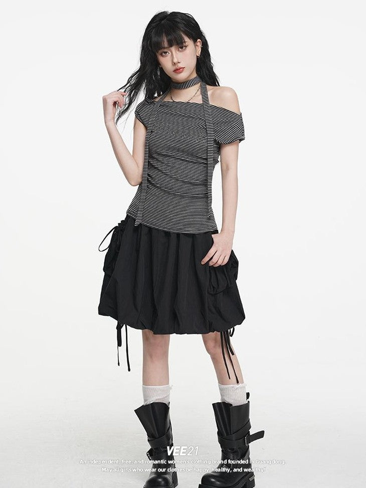 VEEMIX Striped One Shoulder Hotfix Rhinestone Ruched High Waist Women's Tencel Cotton Slim T-shirts