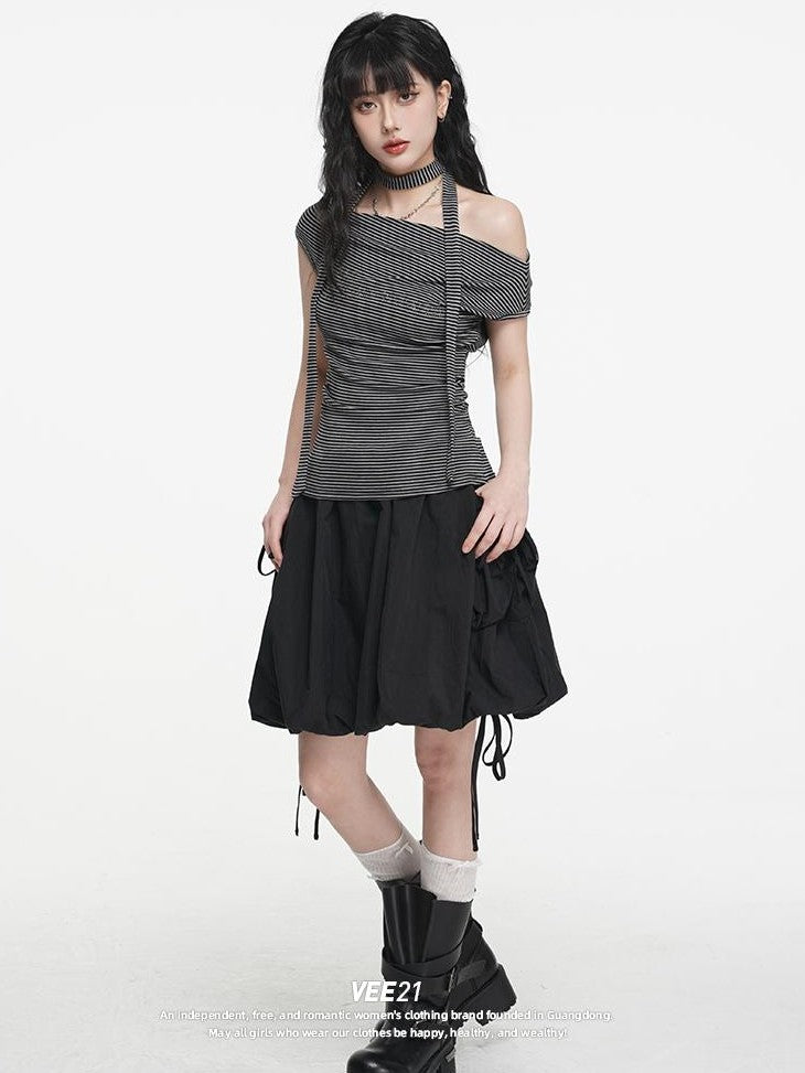 VEEMIX Striped One Shoulder Hotfix Rhinestone Ruched High Waist Women's Tencel Cotton Slim T-shirts