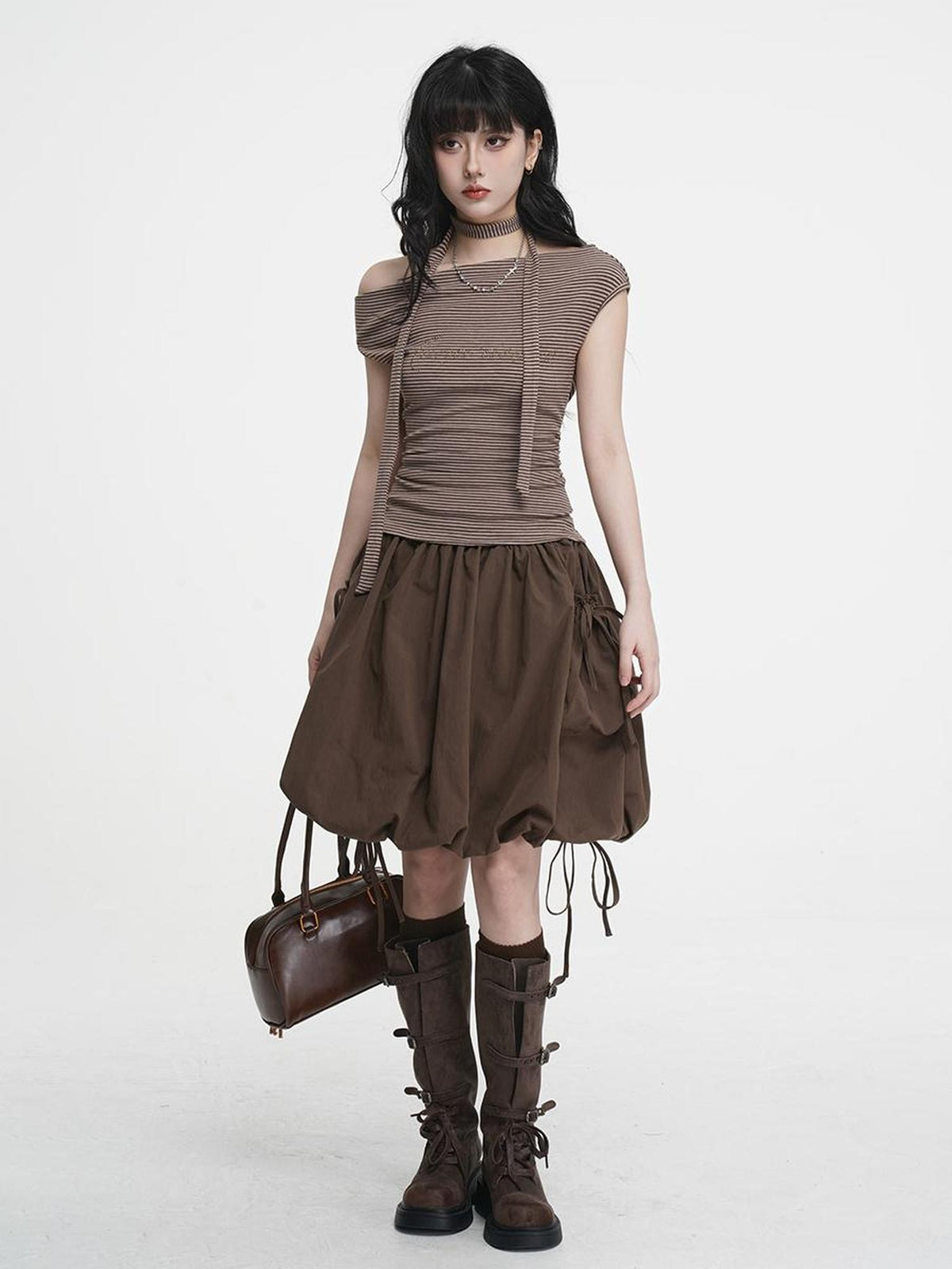 VEEMIX Striped One Shoulder Hotfix Rhinestone Ruched High Waist Women's Tencel Cotton Slim T-shirts