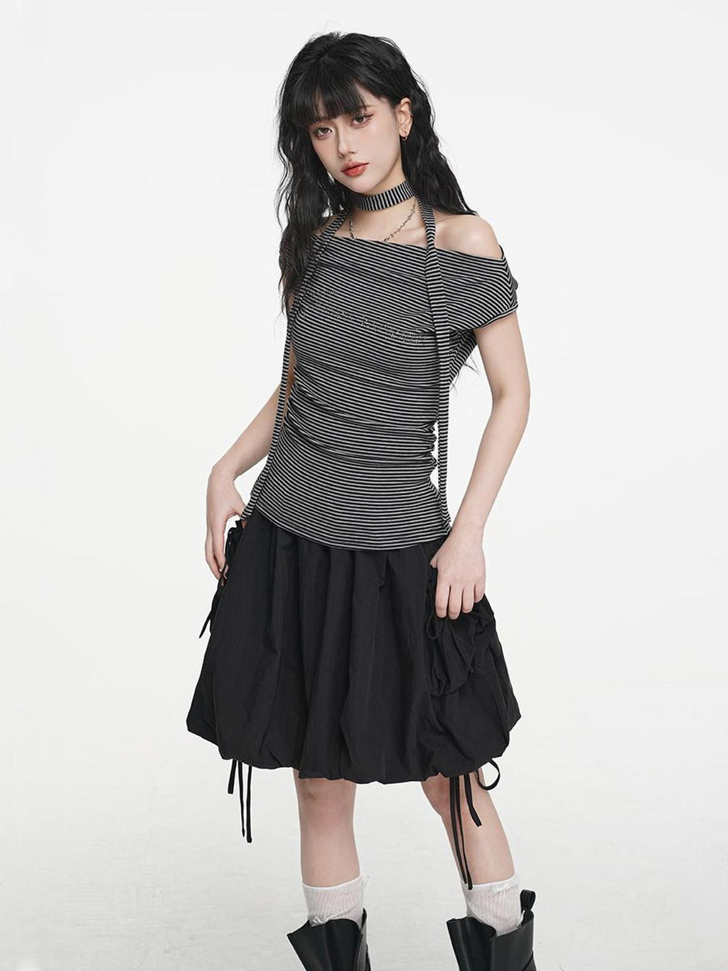 VEEMIX Striped One Shoulder Hotfix Rhinestone Ruched High Waist Women's Tencel Cotton Slim T-shirts