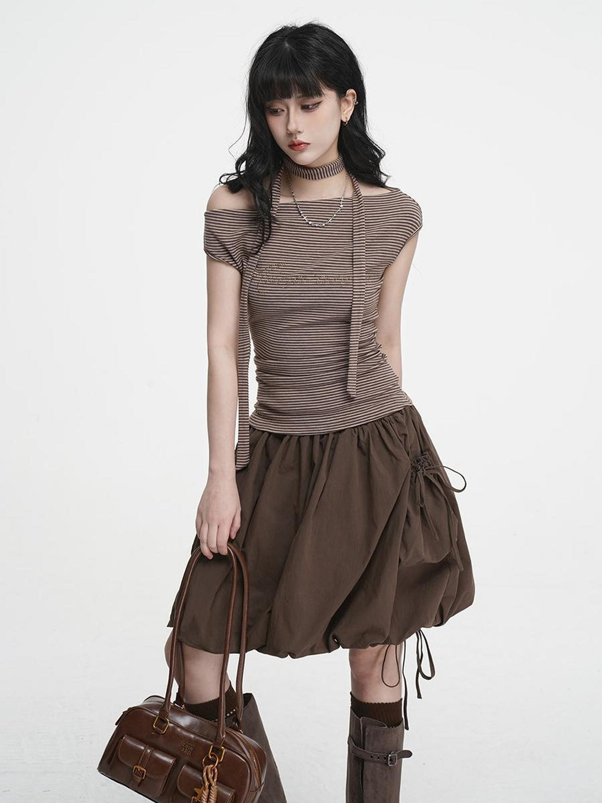 VEEMIX Striped One Shoulder Hotfix Rhinestone Ruched High Waist Women's Tencel Cotton Slim T-shirts
