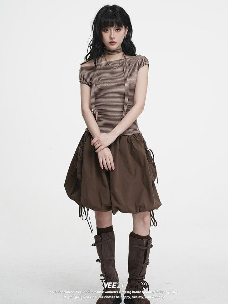 VEEMIX Striped One Shoulder Hotfix Rhinestone Ruched High Waist Women's Tencel Cotton Slim T-shirts