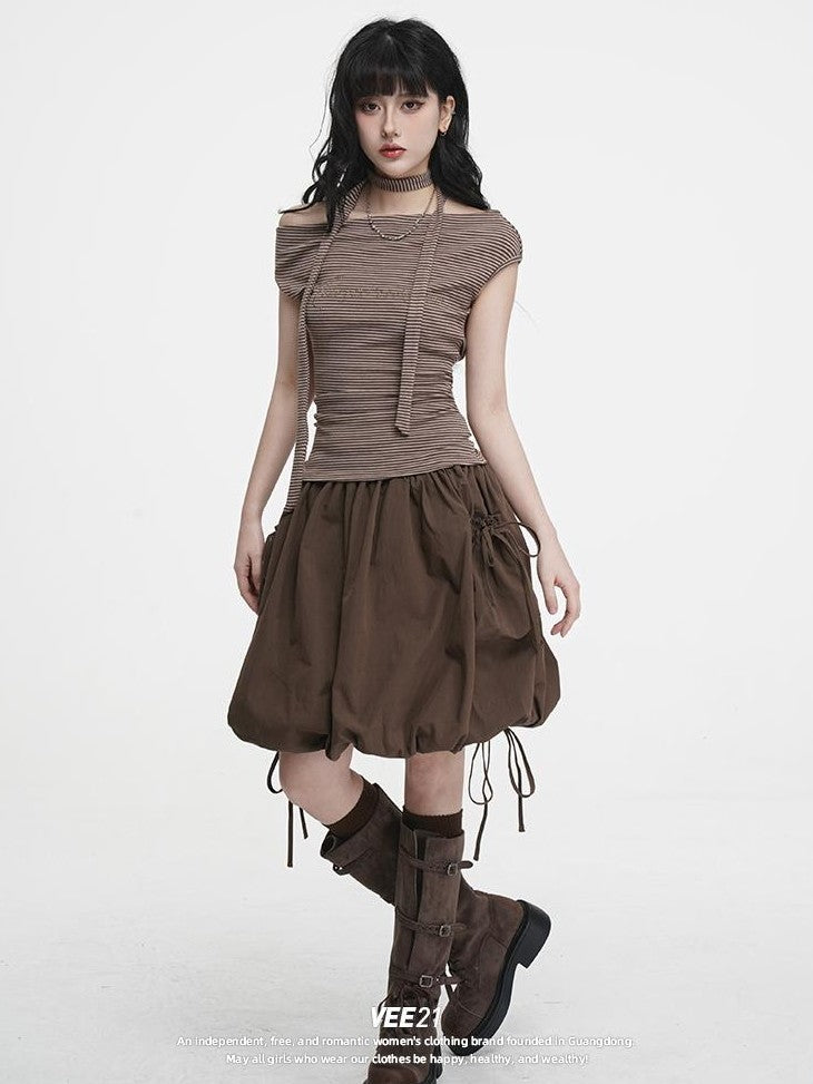 VEEMIX Striped One Shoulder Hotfix Rhinestone Ruched High Waist Women's Tencel Cotton Slim T-shirts