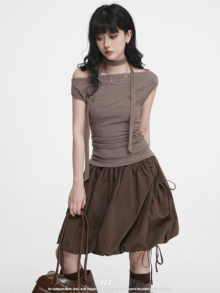 VEEMIX Striped One Shoulder Hotfix Rhinestone Ruched High Waist Women's Tencel Cotton Slim T-shirts