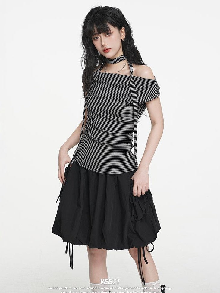 VEEMIX Striped One Shoulder Hotfix Rhinestone Ruched High Waist Women's Tencel Cotton Slim T-shirts