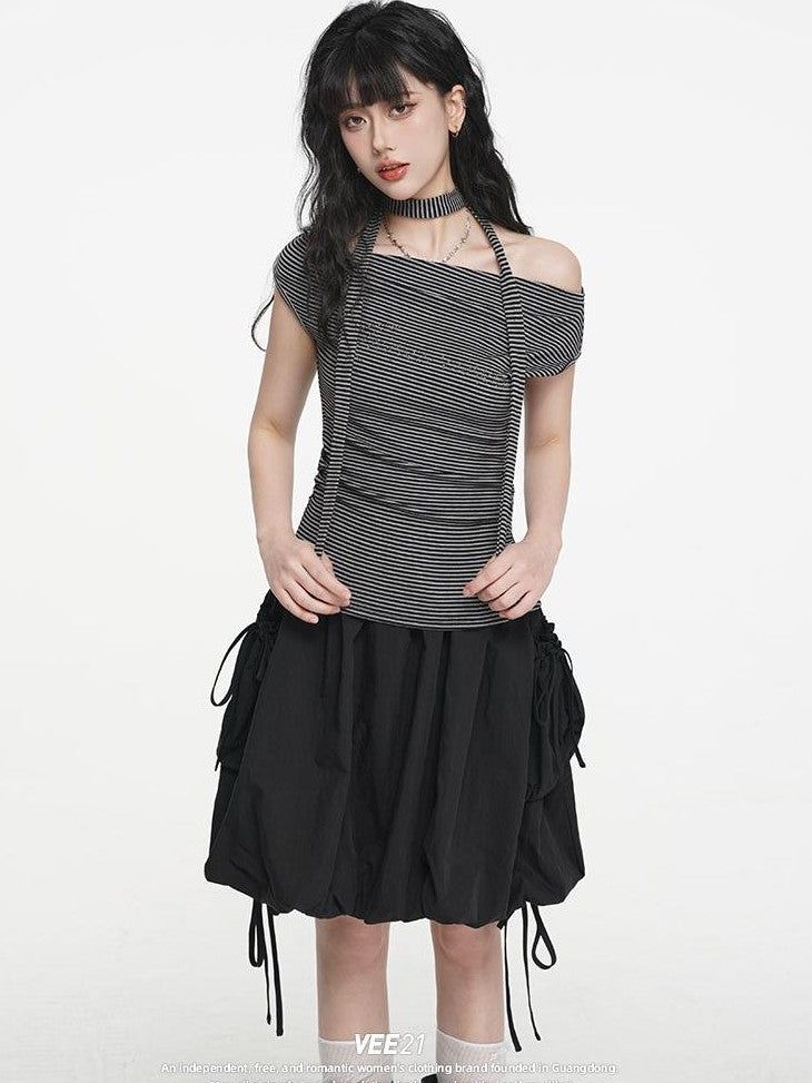 VEEMIX Striped One Shoulder Hotfix Rhinestone Ruched High Waist Women's Tencel Cotton Slim T-shirts