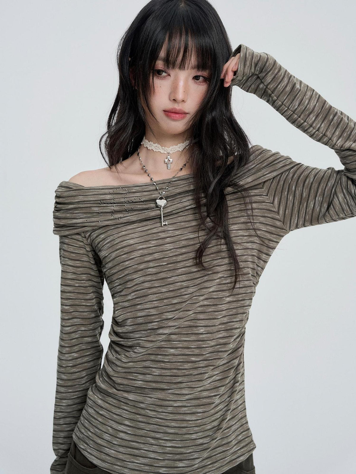 VEEMIX Striped Rhinestone Off Shoulder Women's Cotton Long Sleeve T-shirts