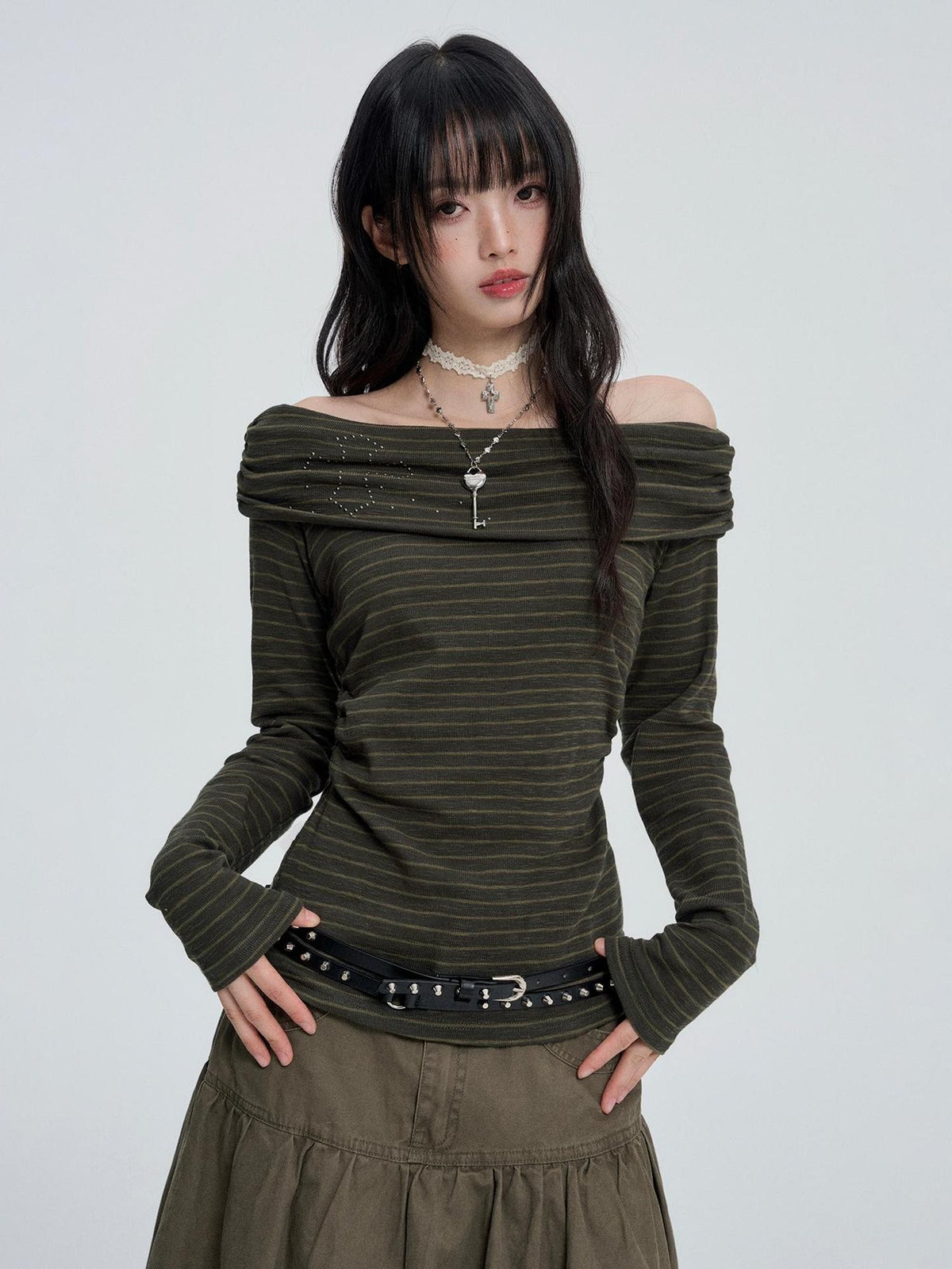 VEEMIX Striped Rhinestone Off Shoulder Women's Cotton Long Sleeve T-shirts