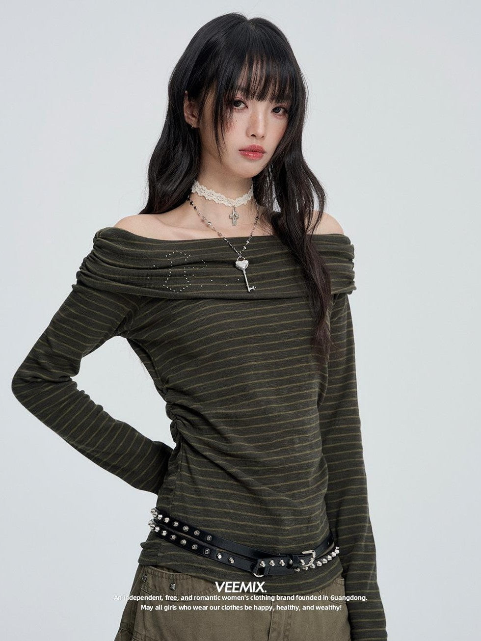 VEEMIX Striped Rhinestone Off Shoulder Women's Cotton Long Sleeve T-shirts