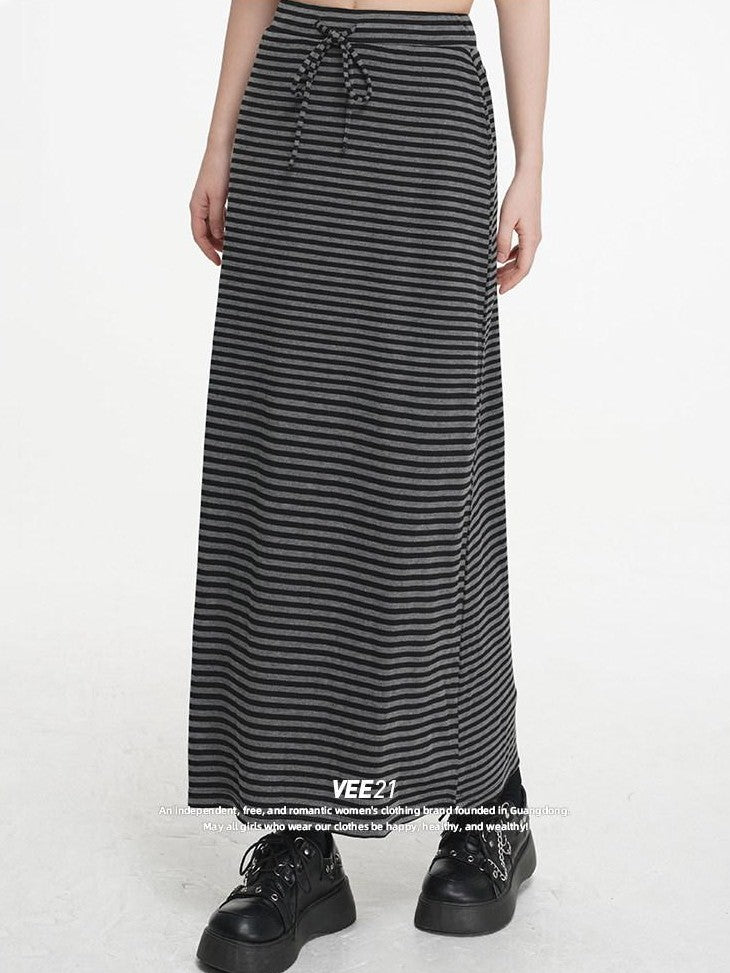VEEMIX Striped Tie Waist Slim H Women's Polyester Rayon Blend Bodycon Maxi Dresses