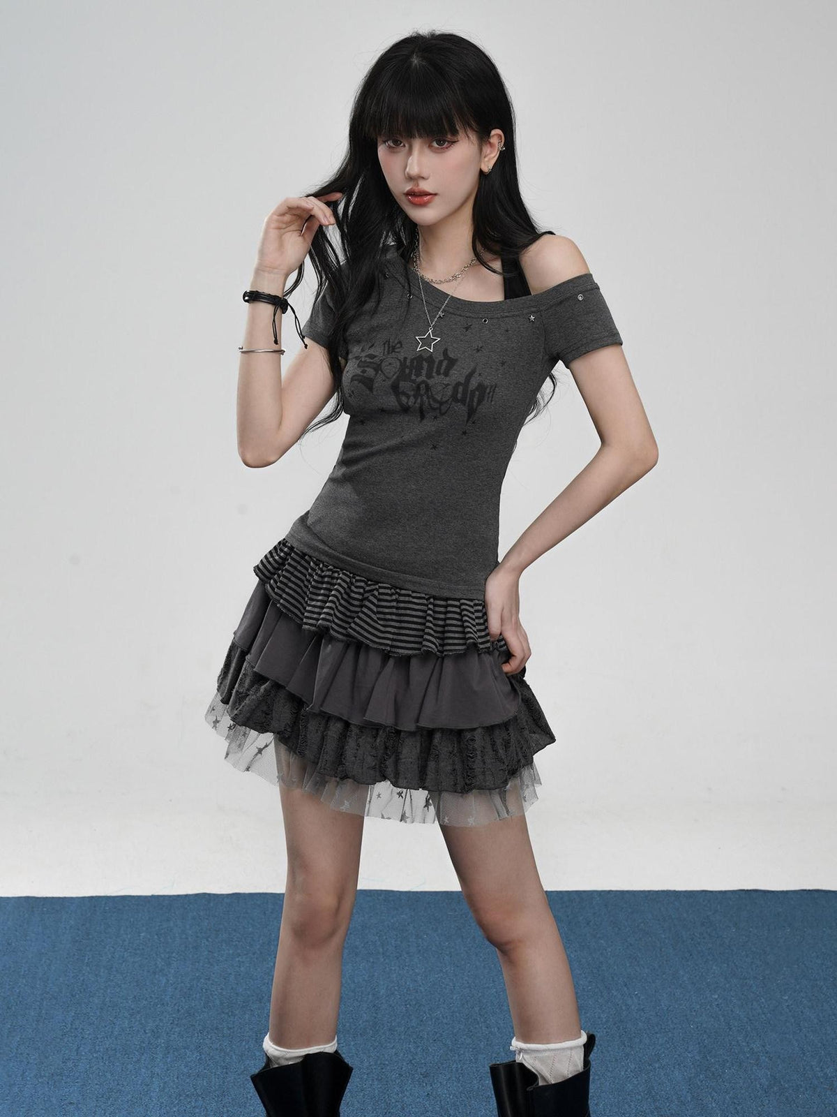 VEEMIX Studded Letter Print Asymmetric Slant Women's Rayon Cotton Off-shoulder T-shirts