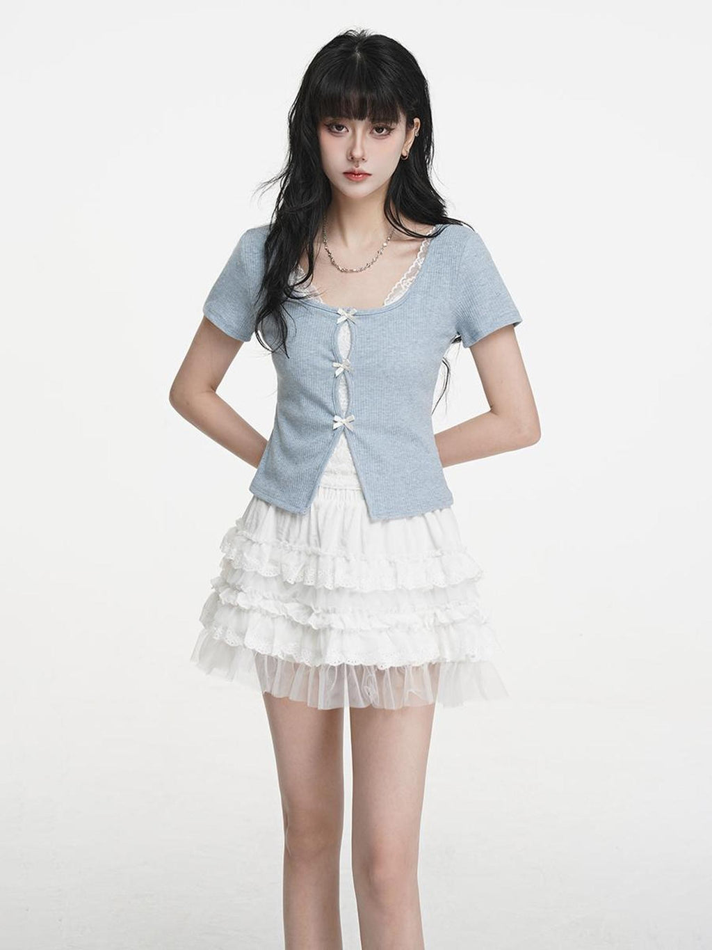 VEEMIX Sweet Lace Embroidered Faux Two Piece Slim Fit Women's Short Sleeve Crop Tops