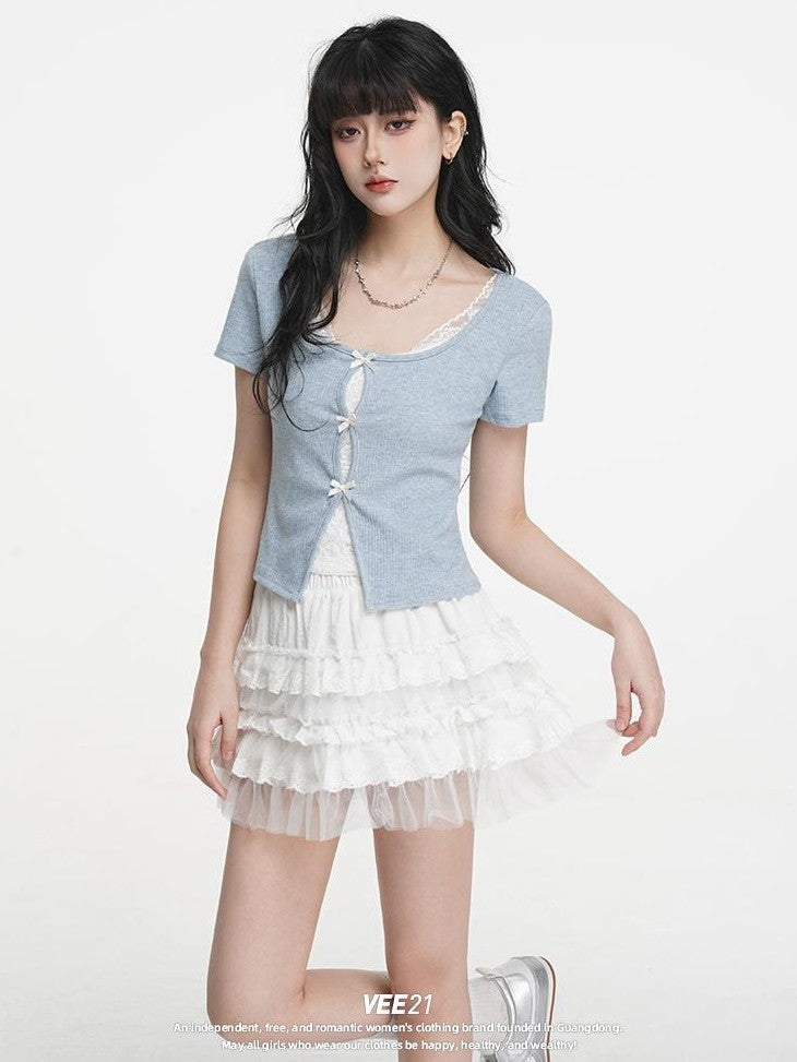 VEEMIX Sweet Lace Embroidered Faux Two Piece Slim Fit Women's Short Sleeve Crop Tops
