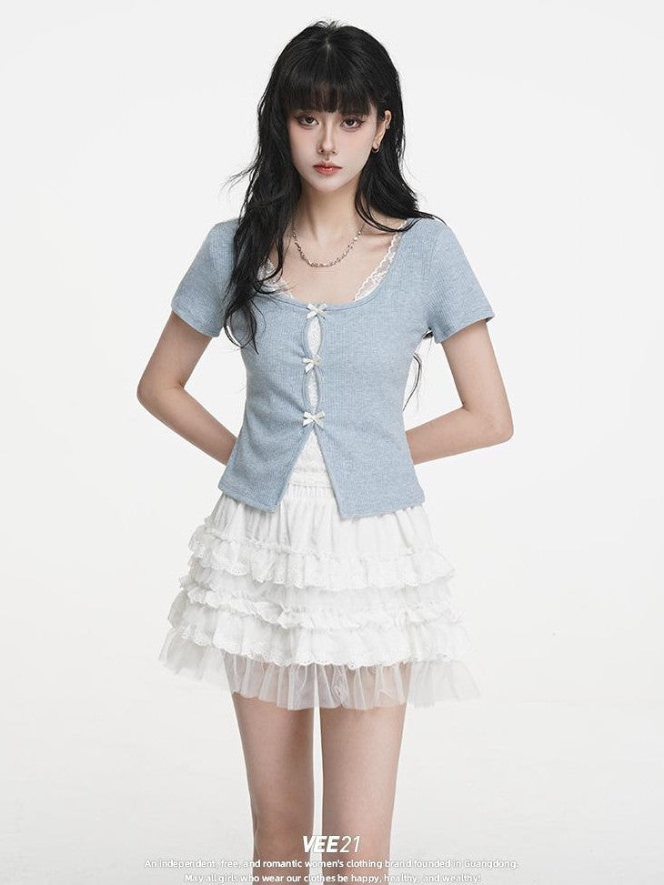 VEEMIX Sweet Lace Embroidered Faux Two Piece Slim Fit Women's Short Sleeve Crop Tops