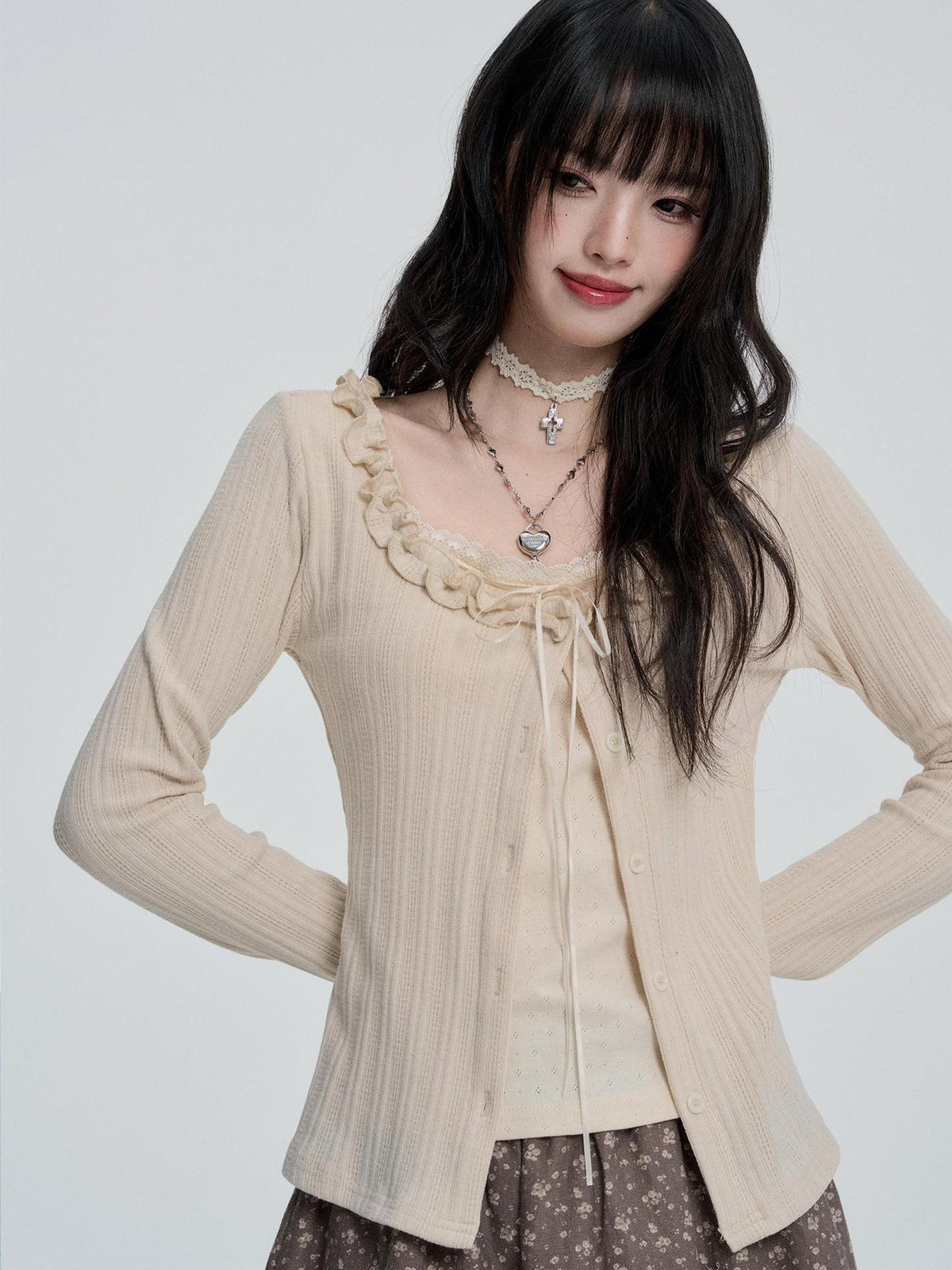 VEEMIX Sweet Lace Trim Faux Two Piece Women's Cotton Long Sleeve T-shirts