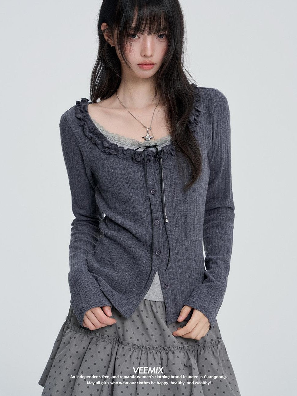 VEEMIX Sweet Lace Trim Faux Two Piece Women's Cotton Long Sleeve T-shirts