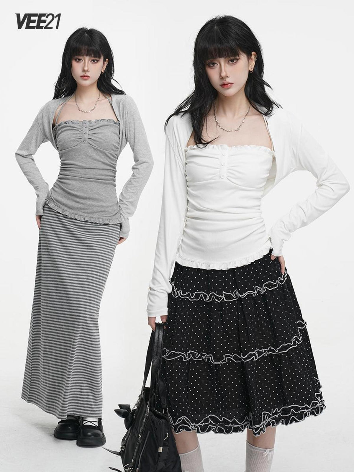 VEEMIX Sweet Lace Up Two Piece Long Sleeve Women's Cotton Blend Camisoles