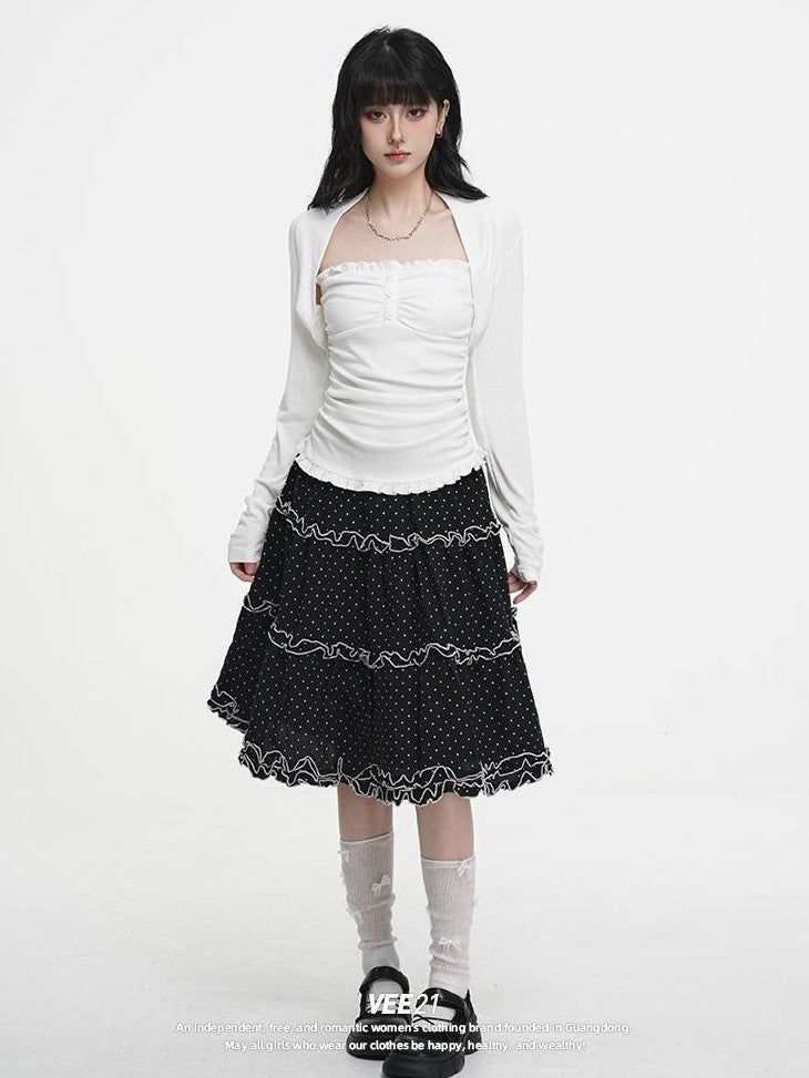 VEEMIX Sweet Lace Up Two Piece Long Sleeve Women's Cotton Blend Camisoles