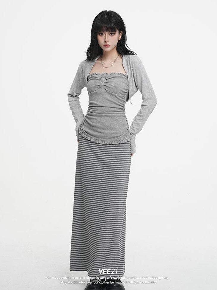 VEEMIX Sweet Lace Up Two Piece Long Sleeve Women's Cotton Blend Camisoles