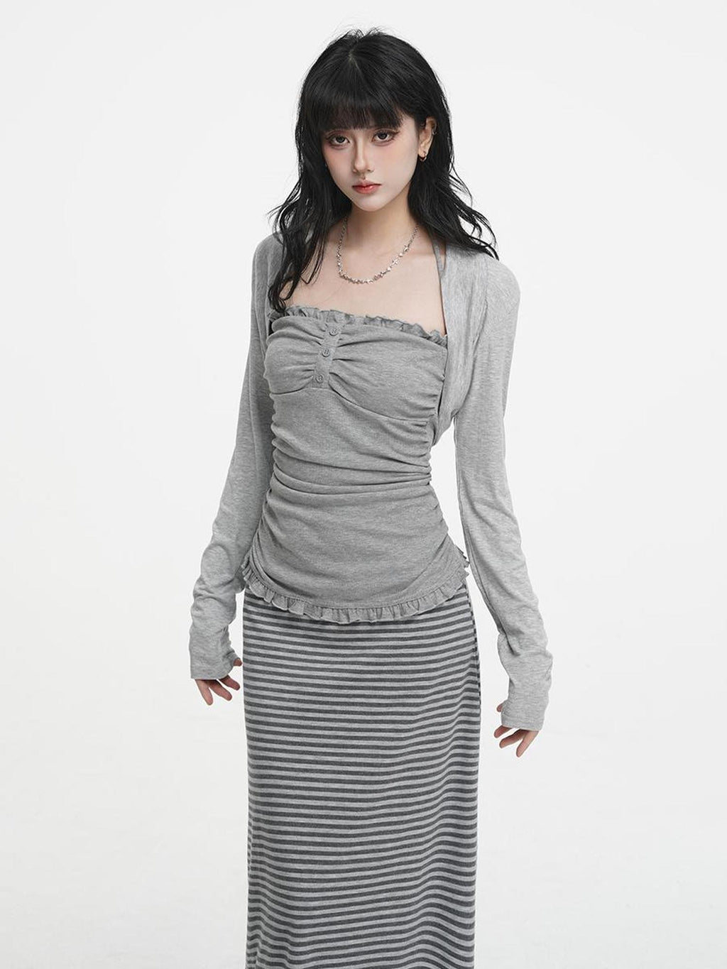 VEEMIX Sweet Lace Up Two Piece Long Sleeve Women's Cotton Blend Camisoles