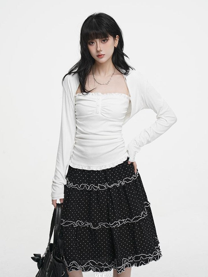 VEEMIX Sweet Lace Up Two Piece Long Sleeve Women's Cotton Blend Camisoles