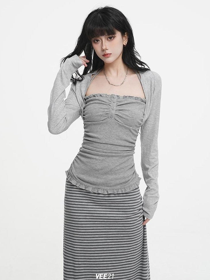 VEEMIX Sweet Lace Up Two Piece Long Sleeve Women's Cotton Blend Camisoles