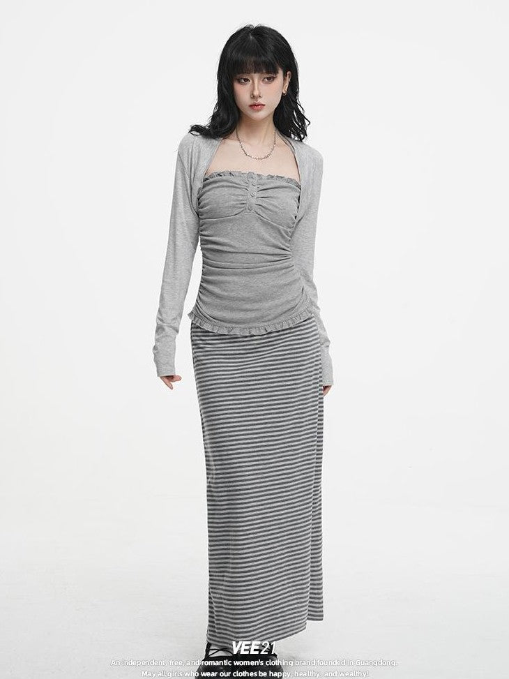 VEEMIX Sweet Lace Up Two Piece Long Sleeve Women's Cotton Blend Camisoles