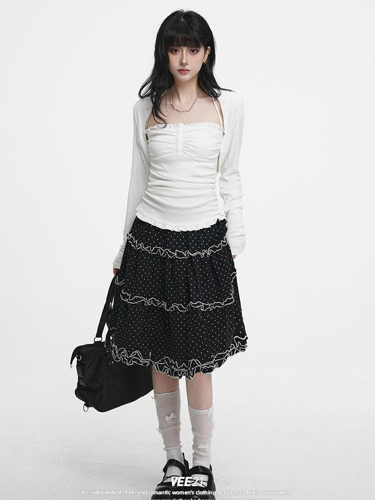 VEEMIX Sweet Lace Up Two Piece Long Sleeve Women's Cotton Blend Camisoles