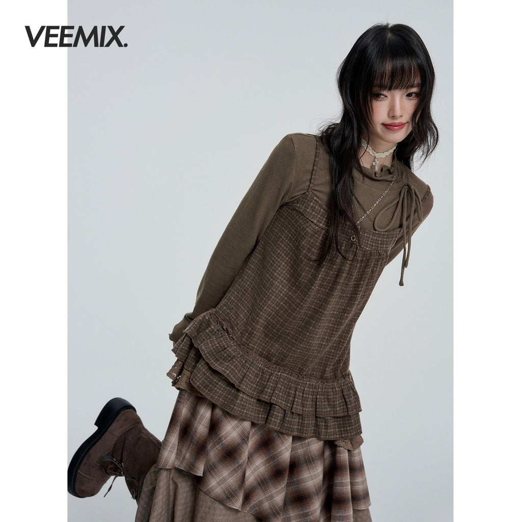 VEEMIX_Sweet_Two_Piece_Ruffle_Trim_Plaid_Solid_Color_Women's_Polyester_Long_Sleeve_T-shirts_1090686116456_MISSTT