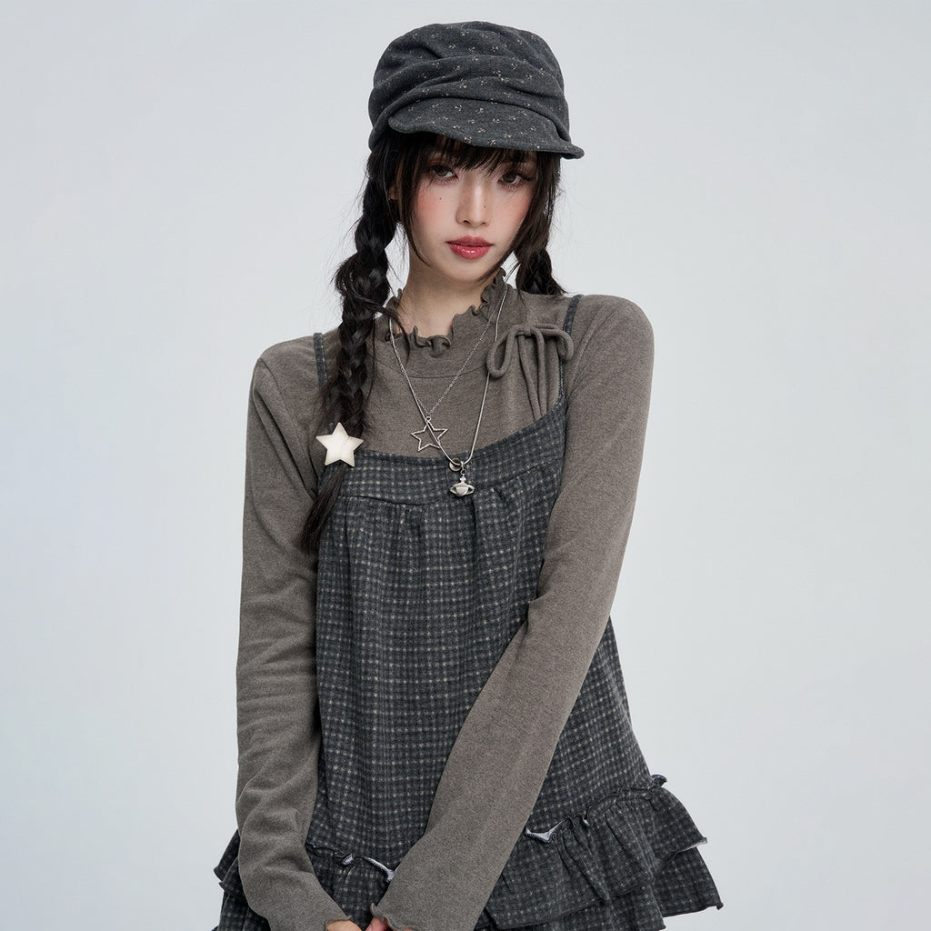VEEMIX_Sweet_Two_Piece_Ruffle_Trim_Plaid_Solid_Color_Women's_Polyester_Long_Sleeve_T-shirts_1090686116456_MISSTT