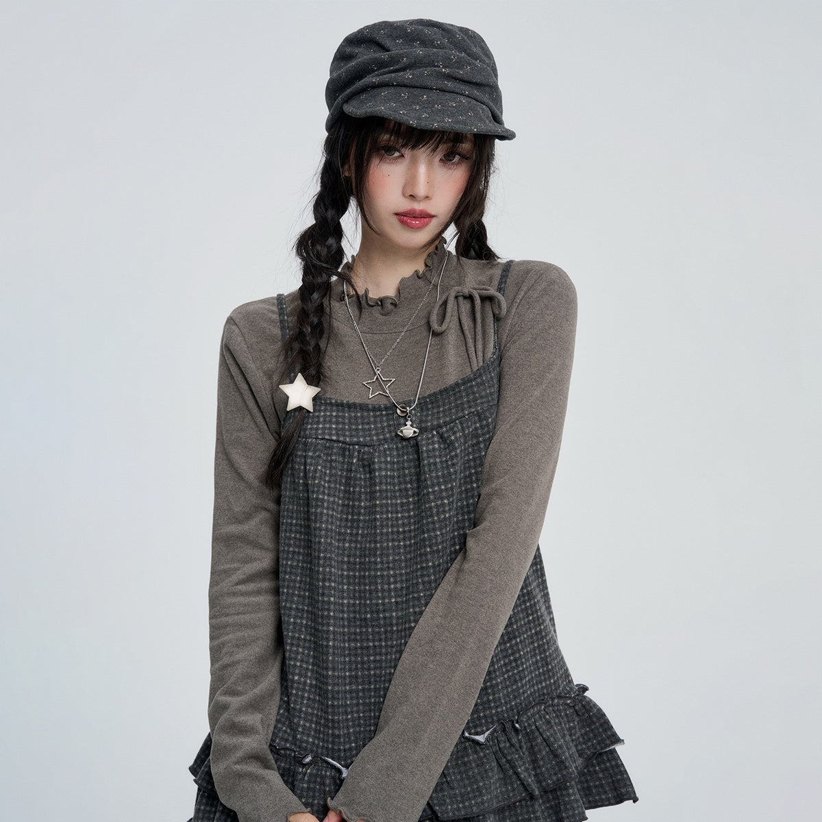 VEEMIX_Sweet_Two_Piece_Ruffle_Trim_Plaid_Solid_Color_Women's_Polyester_Long_Sleeve_T-shirts_1090686116456_MISSTT