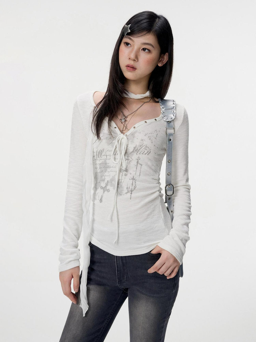 VEEMIX V-neck Tie Print Slim Women's Bamboo Slub Cotton Long Sleeve T-shirts