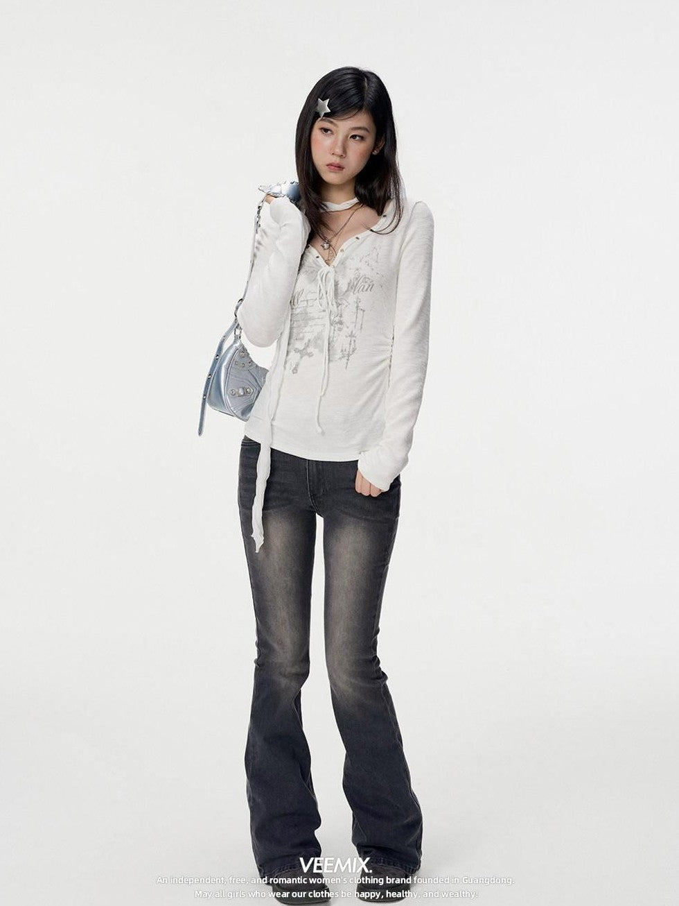 VEEMIX V-neck Tie Print Slim Women's Bamboo Slub Cotton Long Sleeve T-shirts