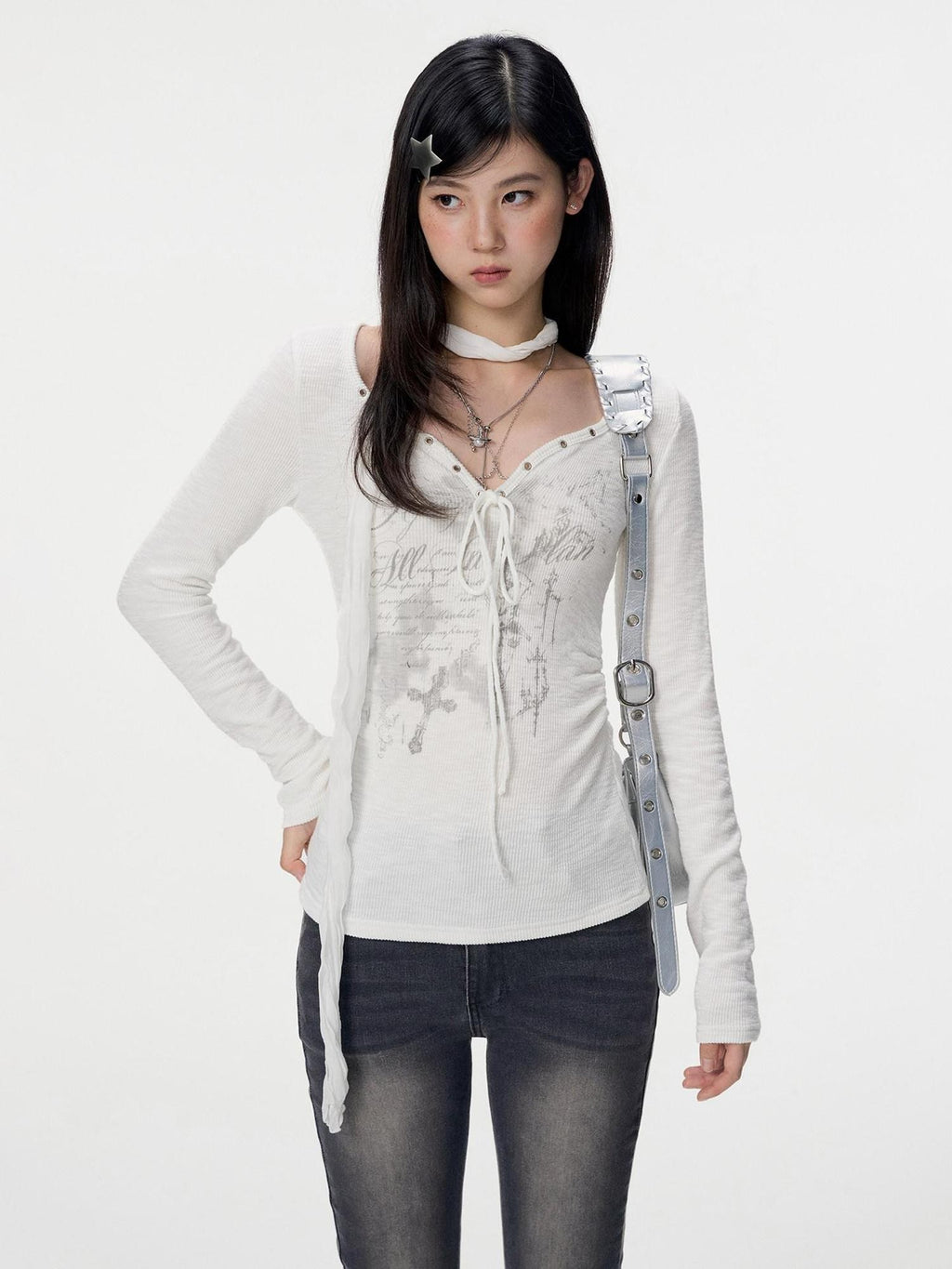 VEEMIX V-neck Tie Print Slim Women's Bamboo Slub Cotton Long Sleeve T-shirts