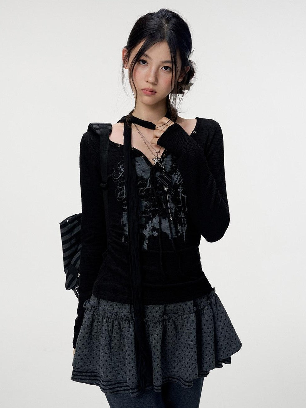 VEEMIX V-neck Tie Print Slim Women's Bamboo Slub Cotton Long Sleeve T-shirts