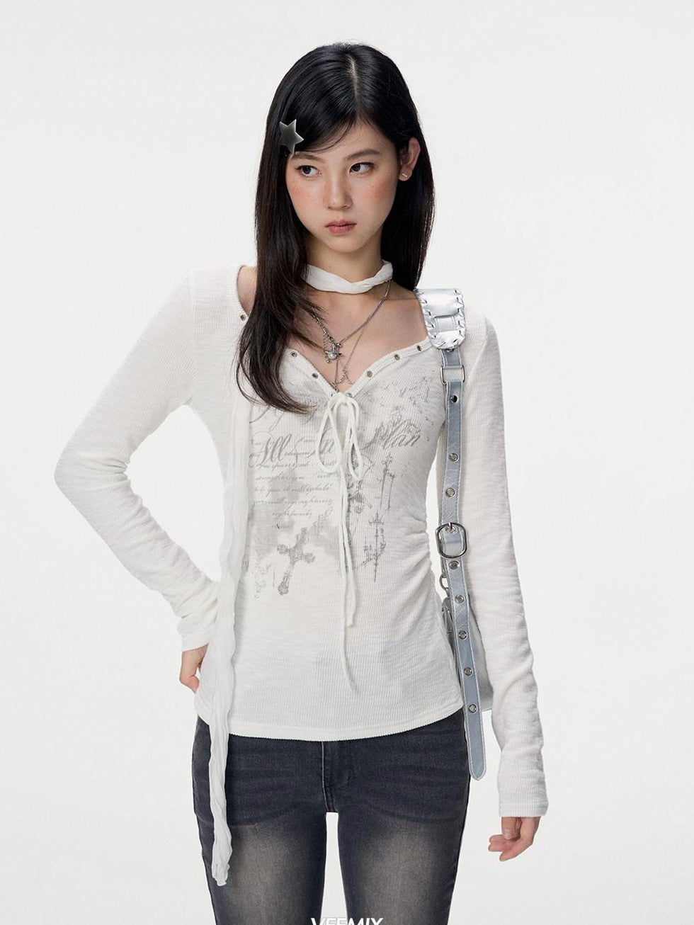 VEEMIX V-neck Tie Print Slim Women's Bamboo Slub Cotton Long Sleeve T-shirts
