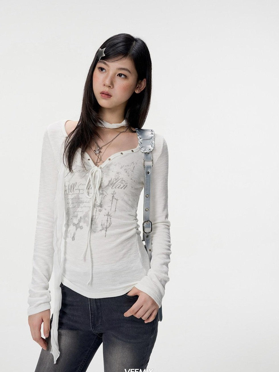 VEEMIX V-neck Tie Print Slim Women's Bamboo Slub Cotton Long Sleeve T-shirts