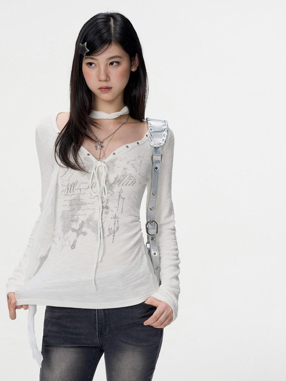VEEMIX V-neck Tie Print Slim Women's Bamboo Slub Cotton Long Sleeve T-shirts