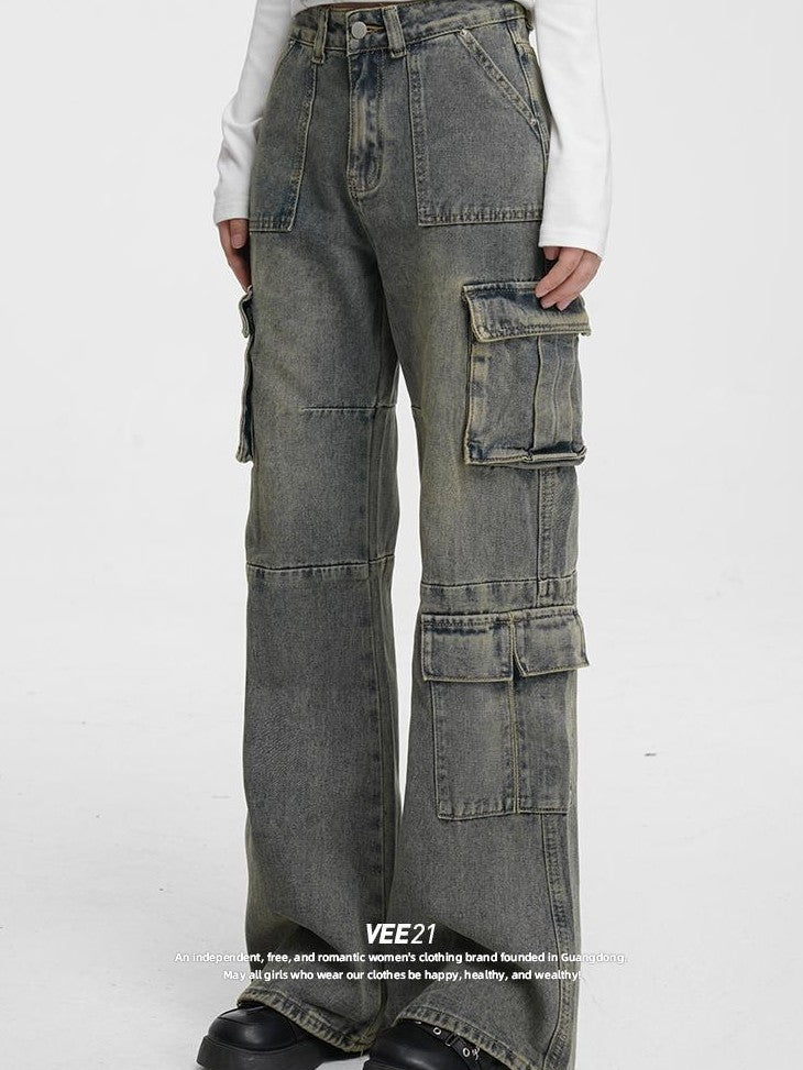 VEEMIX Vintage Distressed High Waist Pocket Cotton Women's Loose Wide-leg Jeans