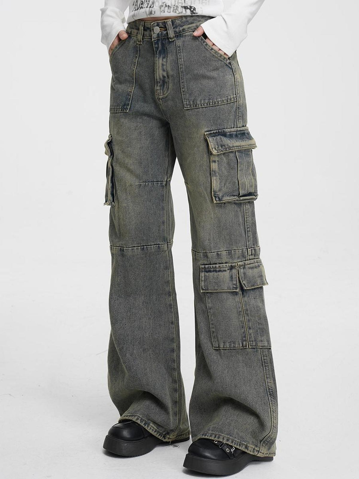 VEEMIX Vintage Distressed High Waist Pocket Cotton Women's Loose Wide-leg Jeans