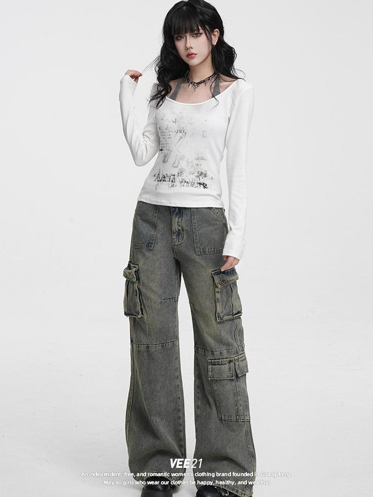 VEEMIX Vintage Distressed High Waist Pocket Cotton Women's Loose Wide-leg Jeans