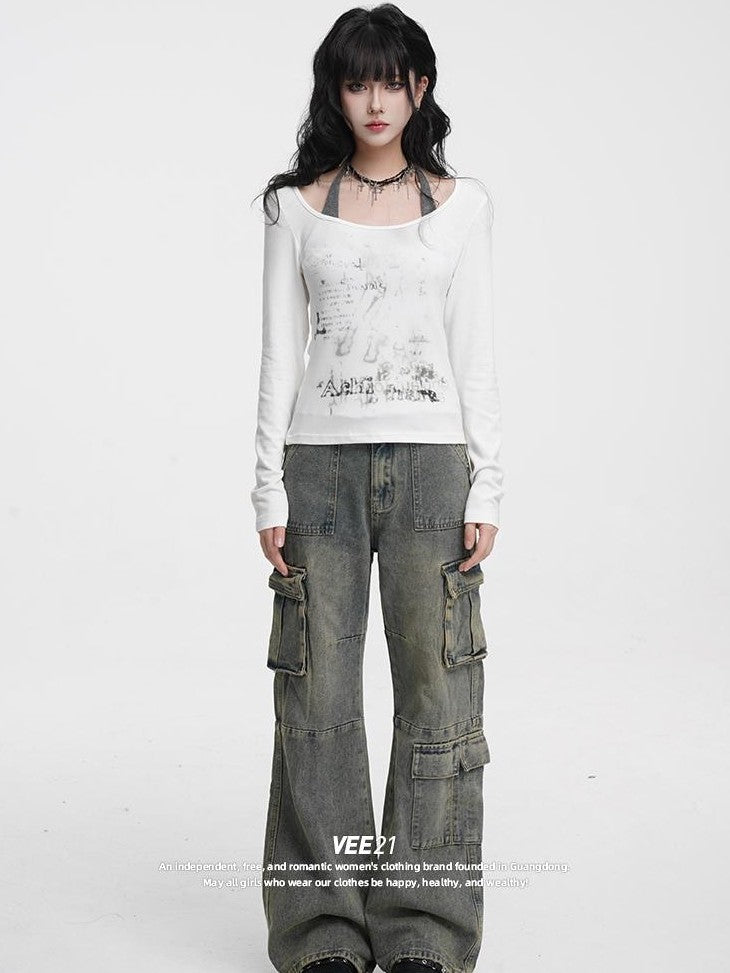 VEEMIX Vintage Distressed High Waist Pocket Cotton Women's Loose Wide-leg Jeans