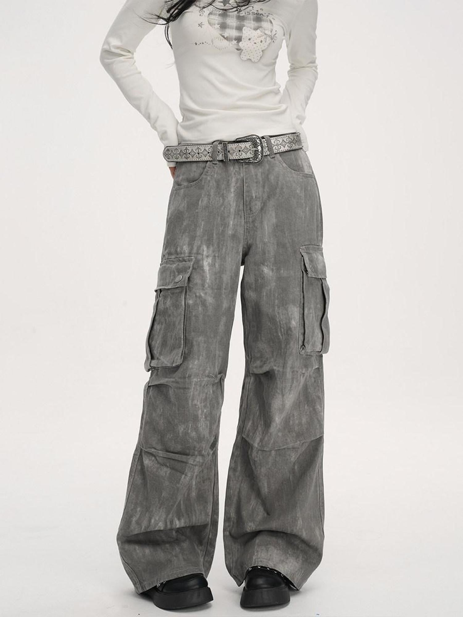 VEEMIX Washed Grey Distressed Floral Women's Low Rise Denim Wide-leg Jeans