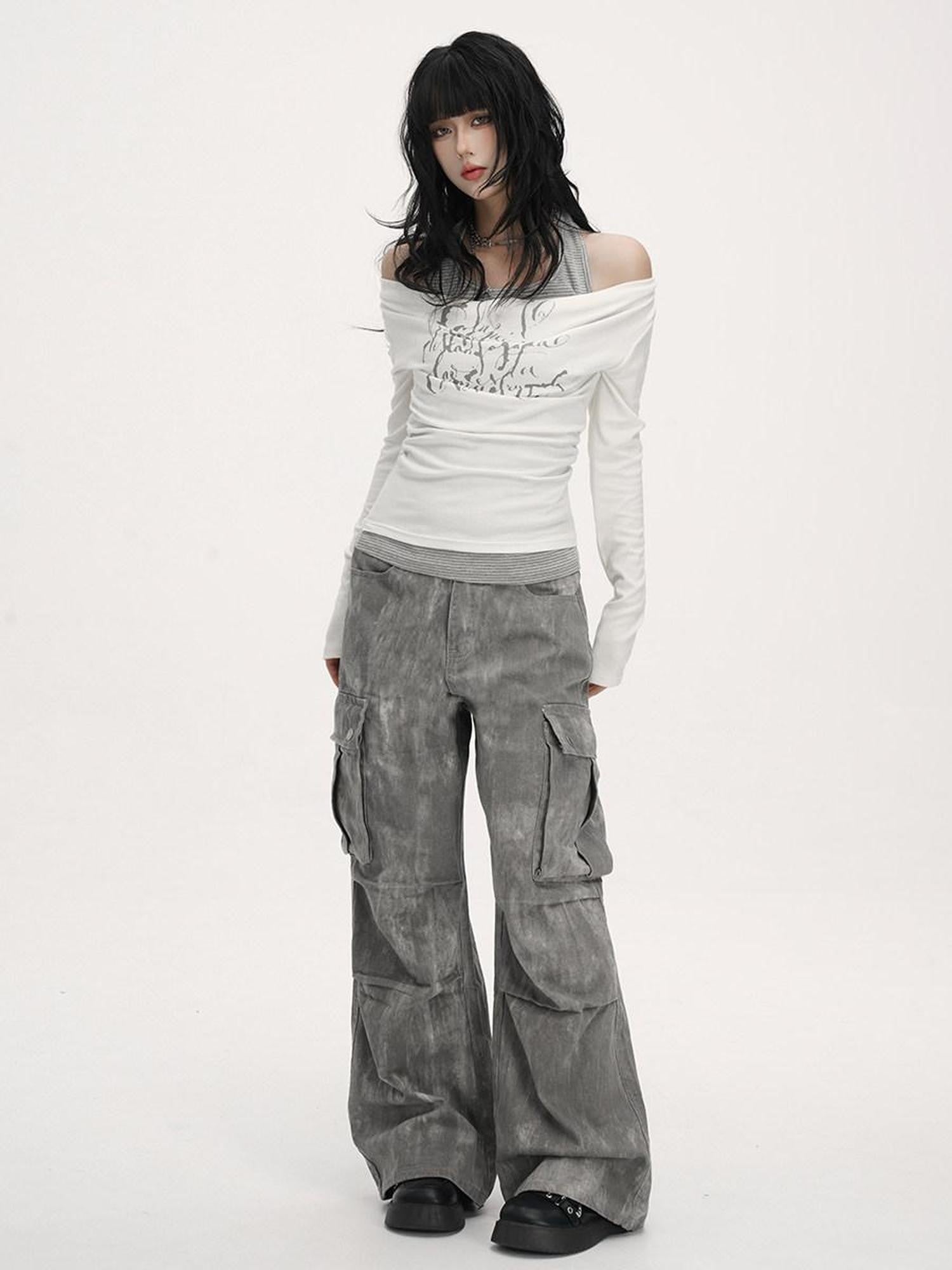 VEEMIX Washed Grey Distressed Floral Women's Low Rise Denim Wide-leg Jeans