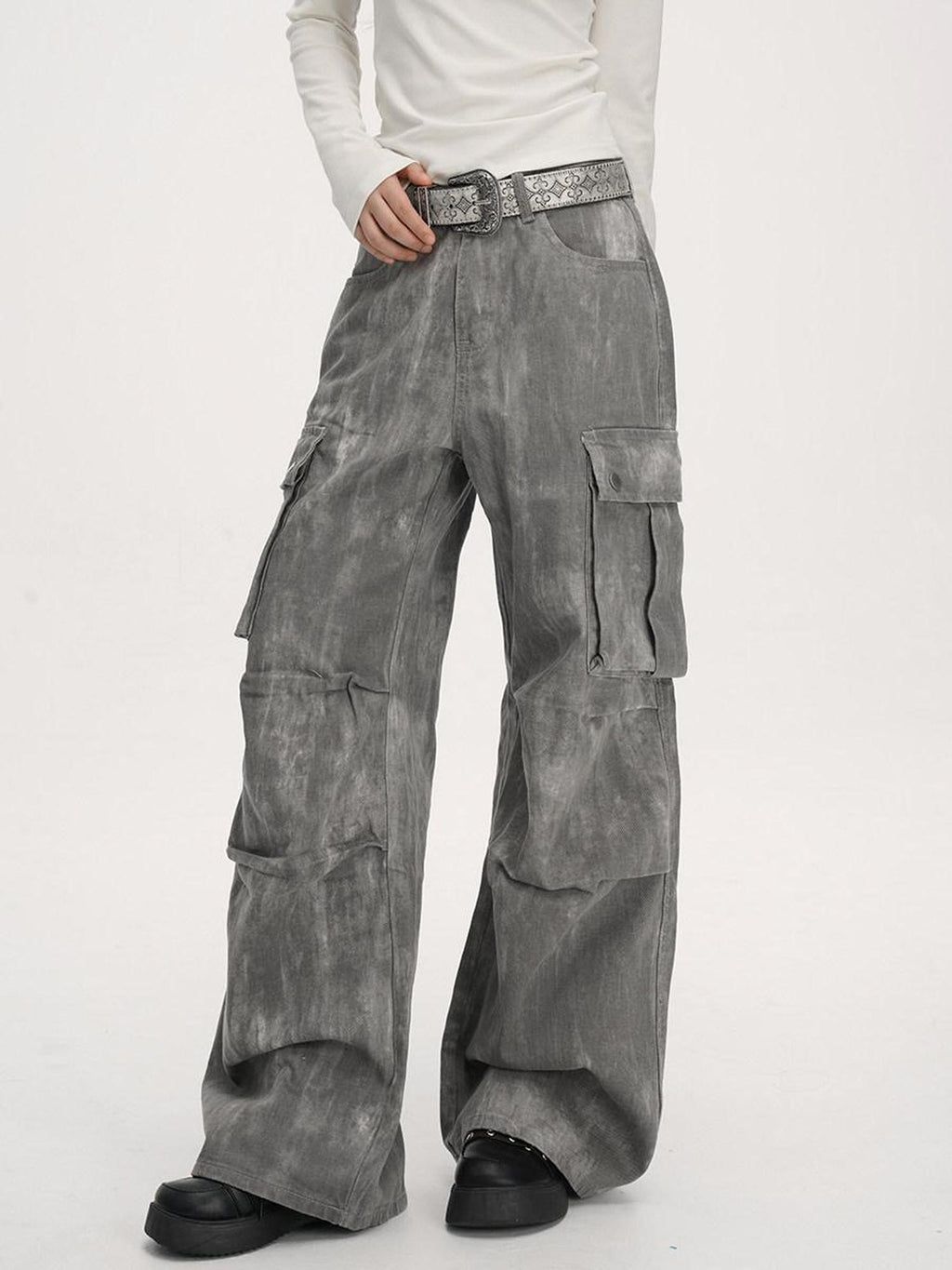 VEEMIX Washed Grey Distressed Floral Women's Low Rise Denim Wide-leg Jeans