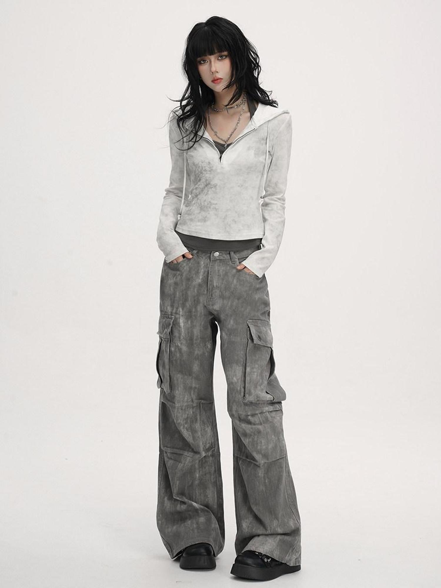 VEEMIX Washed Grey Distressed Floral Women's Low Rise Denim Wide-leg Jeans