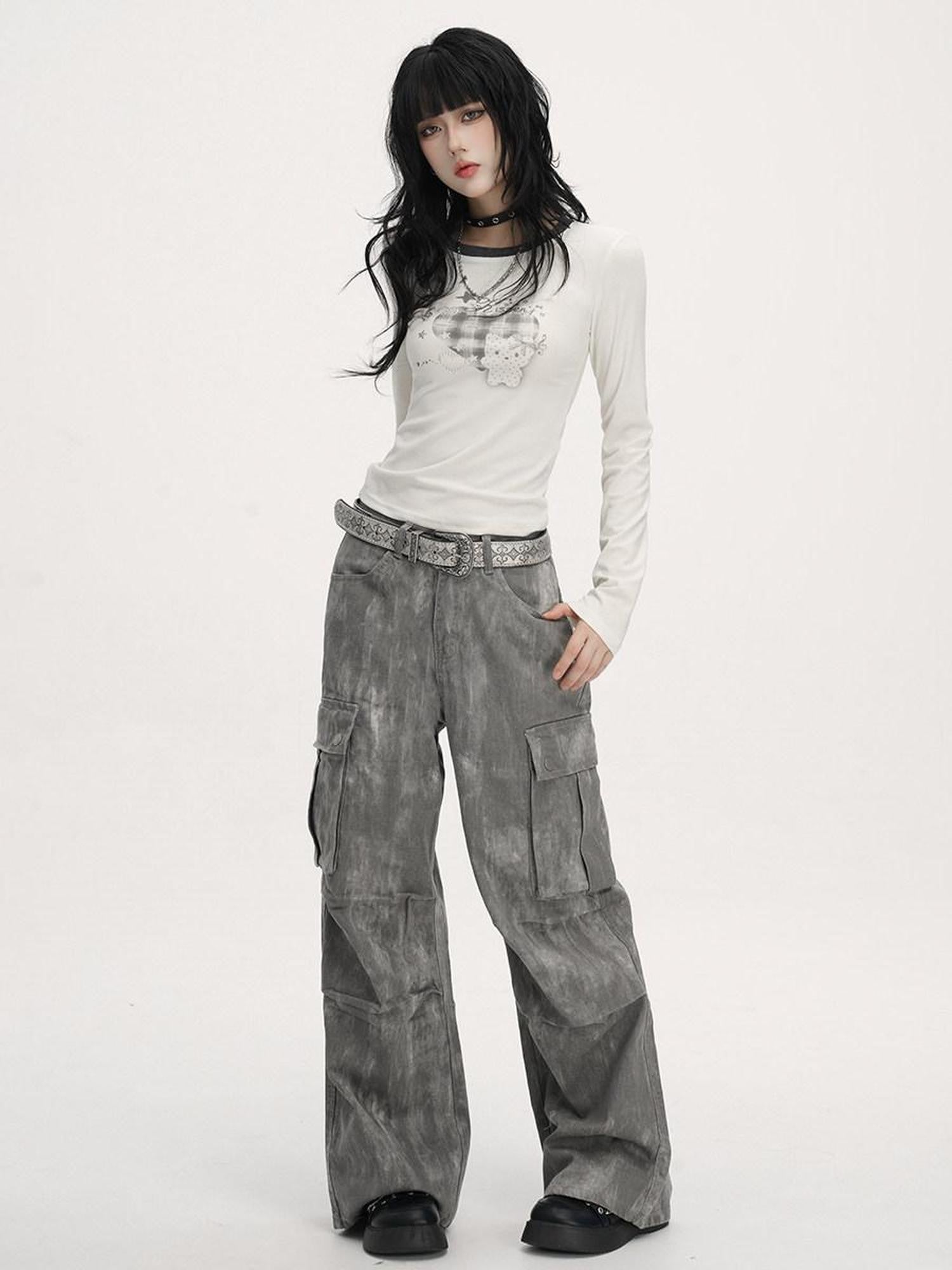 VEEMIX Washed Grey Distressed Floral Women's Low Rise Denim Wide-leg Jeans